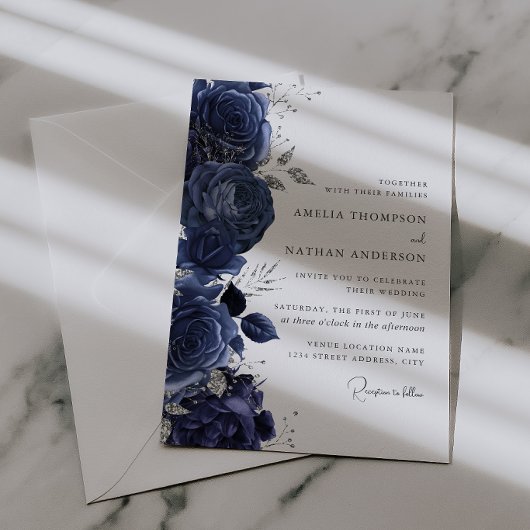 Elegante Navy-Silber-Blumenhochzeit Einladung