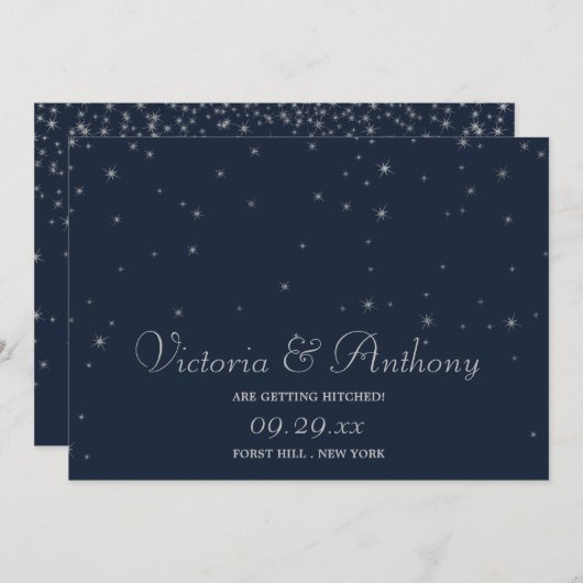 Elegante Navy & Silver Falling Stars Save the Date (Vorne/Hinten)