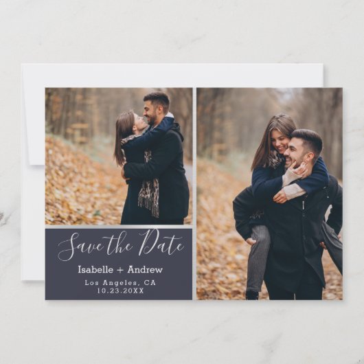 Elegante Navy Silver Foto Collage Save the Date (Vorderseite)