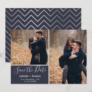 Elegante Navy Silver Foto Collage Save the Date