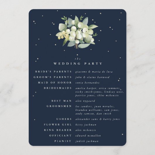 Elegante Navy Snowberry+Eucalyptus Bouquet Wedding Programm (Rückseite)