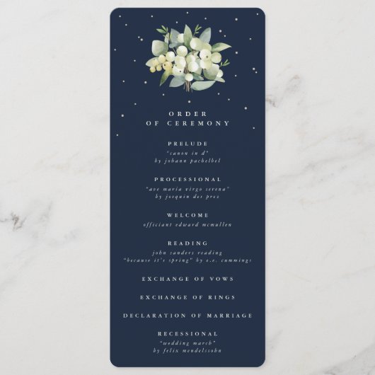 Elegante Navy Snowberry+Eucalyptus Bouquet Wedding Programm (Vorderseite)