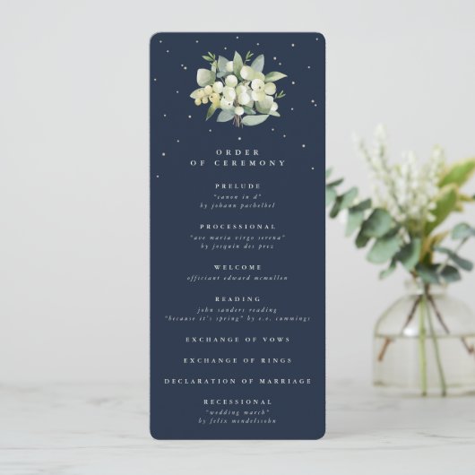 Elegante Navy Snowberry+Eucalyptus Bouquet Wedding Programm (Stehend Vorderseite)