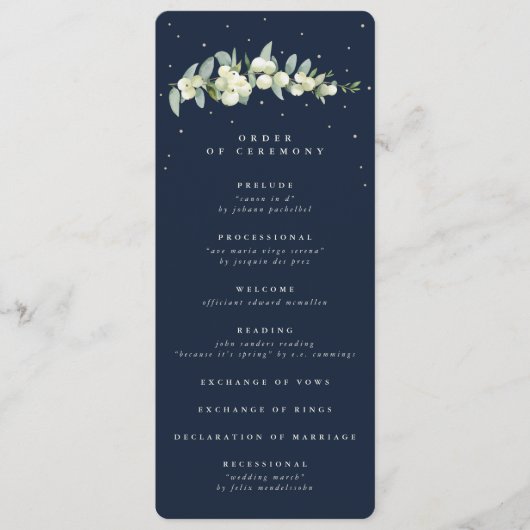 Elegante Navy Snowberry+Eucalyptus Stem Wedding Programm (Vorderseite)
