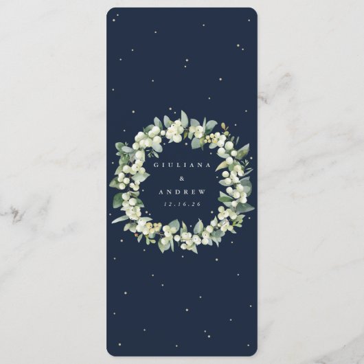 Elegante Navy Snowberry+Eucalyptus Stem Wedding Programm (Rückseite)