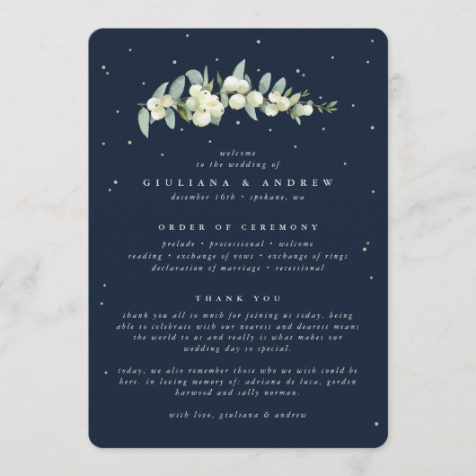 Elegante Navy Snowberry+Eucalyptus Stem Wedding Programm (Vorderseite)