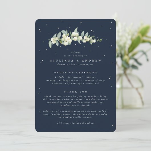Elegante Navy Snowberry+Eucalyptus Stem Wedding Programm (Stehend Vorderseite)