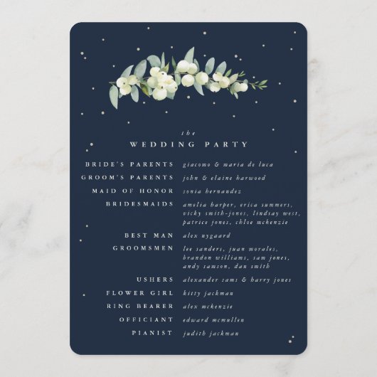 Elegante Navy Snowberry+Eucalyptus Stem Wedding Programm (Rückseite)