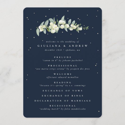 Elegante Navy Snowberry+Eucalyptus Stem Wedding Programm (Vorderseite)