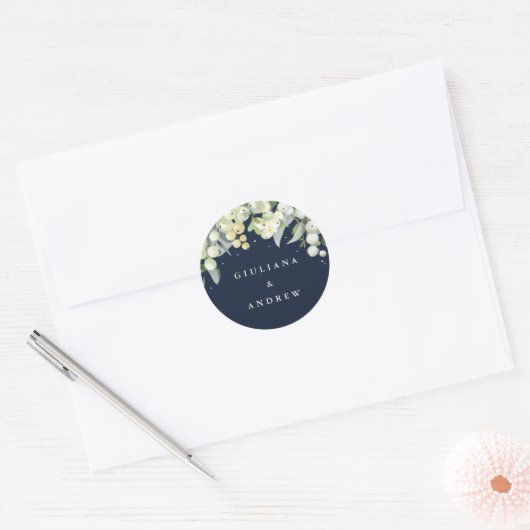 Elegante Navy Snowberry+Eucalyptus Wedding Runder Aufkleber (Umschlag)
