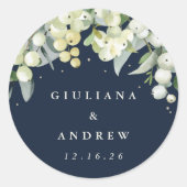 Elegante Navy Snowberry+Eucalyptus Wedding Runder Aufkleber (Vorderseite)