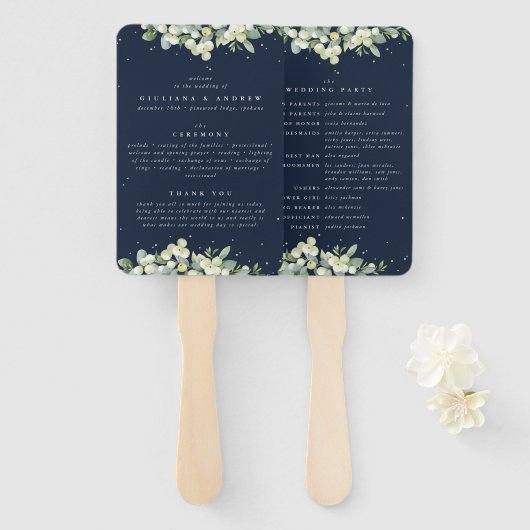 Elegante Navy Snowberry+Eucalyptus Winter Wedding Fächer (Vorne und Hinten)
