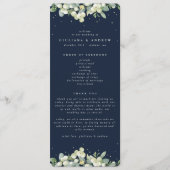 Elegante Navy Snowberry+Eucalyptus Winter Wedding Programm (Vorderseite)
