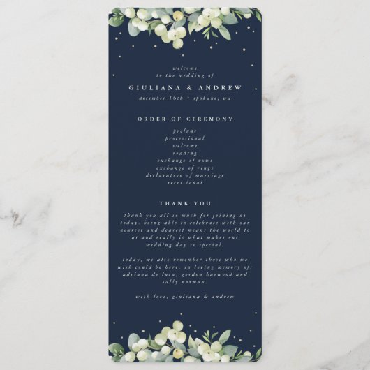 Elegante Navy Snowberry+Eucalyptus Winter Wedding Programm (Vorderseite)