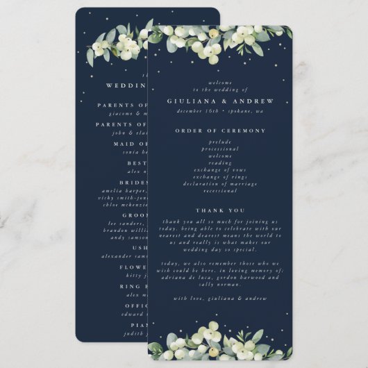 Elegante Navy Snowberry+Eucalyptus Winter Wedding Programm (Vorne/Hinten)