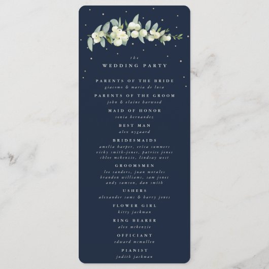 Elegante Navy Snowberry+Eucalyptus Winter Wedding Programm (Rückseite)