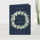 Elegante Navy Snowberry+Eucalyptus Winter Wedding Programm (Vorderseite)