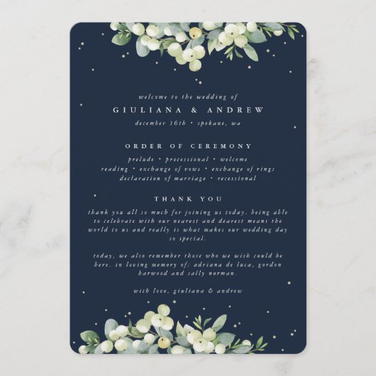 Elegante Navy Snowberry+Eucalyptus Winter Wedding Programm (Vorderseite)