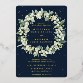 Elegante Navy Snowberry+Eucalyptus Wreath Wedding Folieneinladung