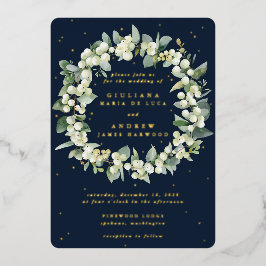 Elegante Navy Snowberry+Eucalyptus Wreath Wedding Folieneinladung