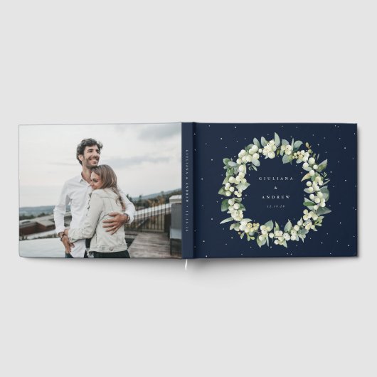 Elegante Navy Snowberry+Eucalyptus Wreath Wedding Gästebuch (Voll)