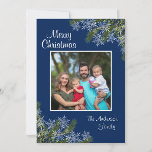 Elegante Navy Snowflake and Pine Flat Holiday Card Feiertagskarte