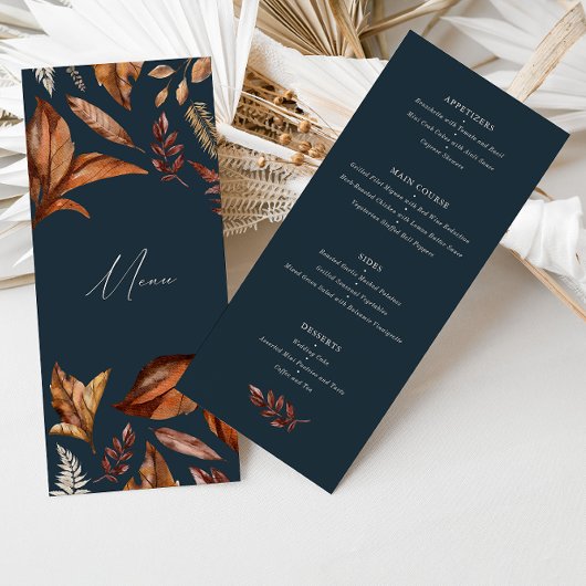 Elegante Navy & Terracotta-Blume Hochzeiten Menükarte