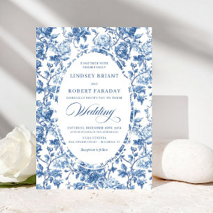 Elegante Navy Toile de Jouy Rosen Hochzeit Einladung