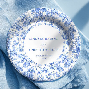 Elegante navy Toile Rosen Hochzeitsfeier Papier Te Pappteller