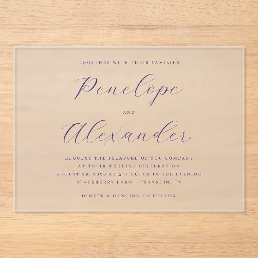 Elegante Navy-Typographie Acryleinladungen (Vorderseite)