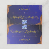 Elegante Navy und Burnt Orange Custom Tischnummer Platzkarte (Außenseite Aufgefaltet)