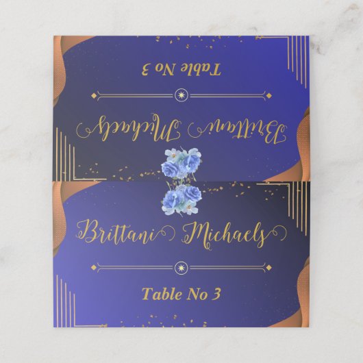 Elegante Navy und Burnt Orange Custom Tischnummer Platzkarte (Außenseite Aufgefaltet)