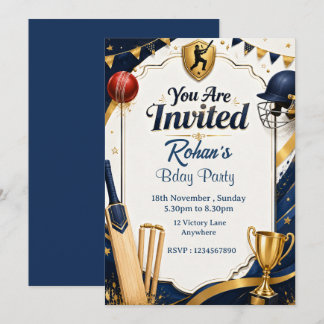 Elegante Navy- und Gold-Cricket-Geburtstagseinladu Einladung