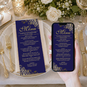 Elegante Navy- und Gold-Download-Hochzeitsmenü Karte