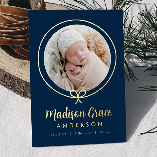 Elegante Navy und Gold Foil Bow Geburtserklärung Folieneinladung