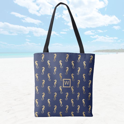 Elegante Navy- und Gold-Seepferde mit Initial Tasche