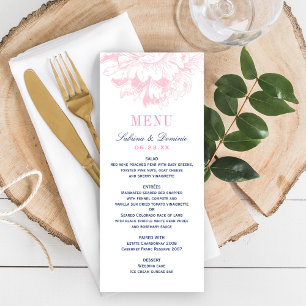 Elegante Navy- und rosa florale Pfingstrosen-Hochz Menükarte