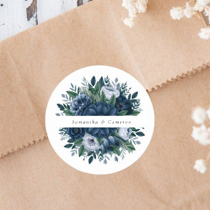 Elegante Navy- und staubblaue moderne Floral-Hochz Runder Aufkleber