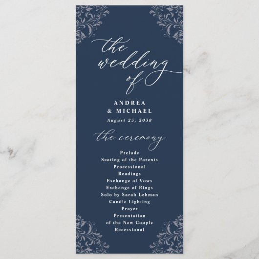 Elegante Navy Vintag Classic Hochzeitsprogramme Programm (Vorderseite)