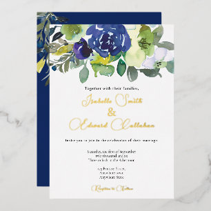 Elegante Navy Wasserfarbe Blumenstrauß Hochzeit Folieneinladung