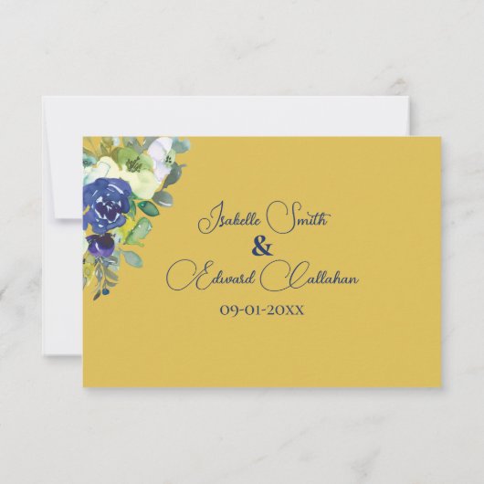 Elegante Navy Wasserfarbe Rose Gelbe Goldhochzeit RSVP Karte (Rückseite)