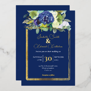 Elegante Navy-Weiß-Aquarell-Rosen-Blumensträuße Folieneinladung