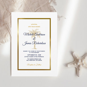 Elegante Navy Weiße Goldpalme Tropische Hochzeit Einladung