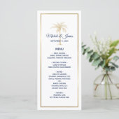 Elegante Navy White Palm Tree Moderne Hochzeit Menükarte (Stehend Vorderseite)