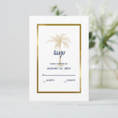 Elegante Navy White Palm Tree Moderne Hochzeit RSVP Karte (Stehend Vorderseite)