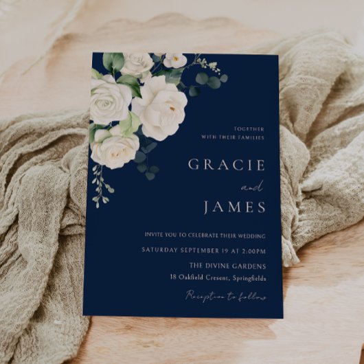 Elegante Navy & White Roses Einladung