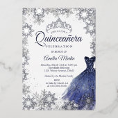 Elegante Navy Winter Snowflake Quinceanera Folieneinladung (Vorderseite)