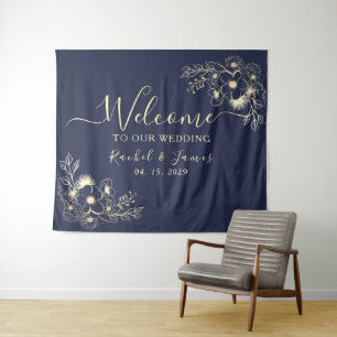 Elegante Navyblau-Hochzeitsbegrüßungshintergrund Wandteppich