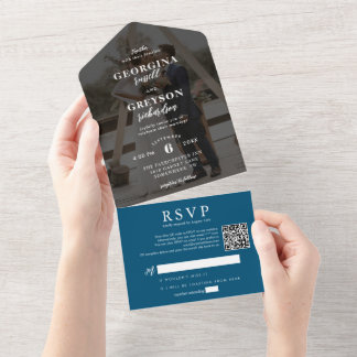 Elegante Navyblau-RSVP-Foto-QR-Code-Hochzeit All In One Einladung