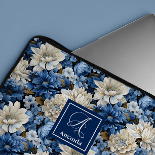 Elegante navyblaue Blumen Luxus-Laptoptasche Laptopschutzhülle